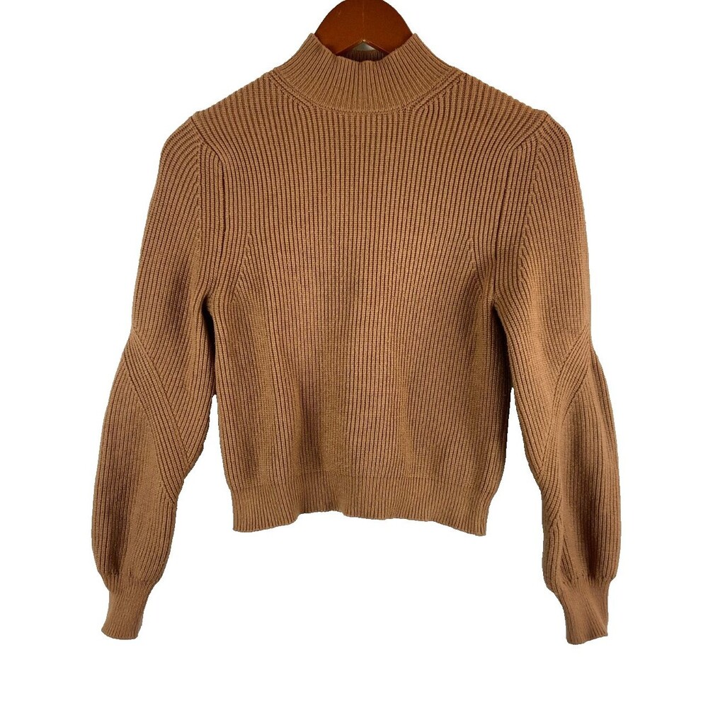 ZARA Women's Medium Brown Camel Mock Neck Long Sleeve Knit Sweater Cozy Fall